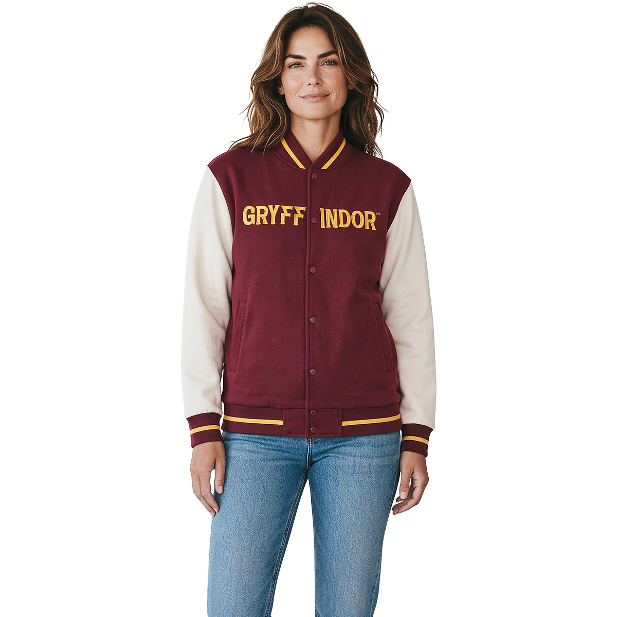 HARRY POTTER - NOM DE LA MAISON GRYFFONDOR - Veste de baseball marron foncé avec détails argentés contrastés A