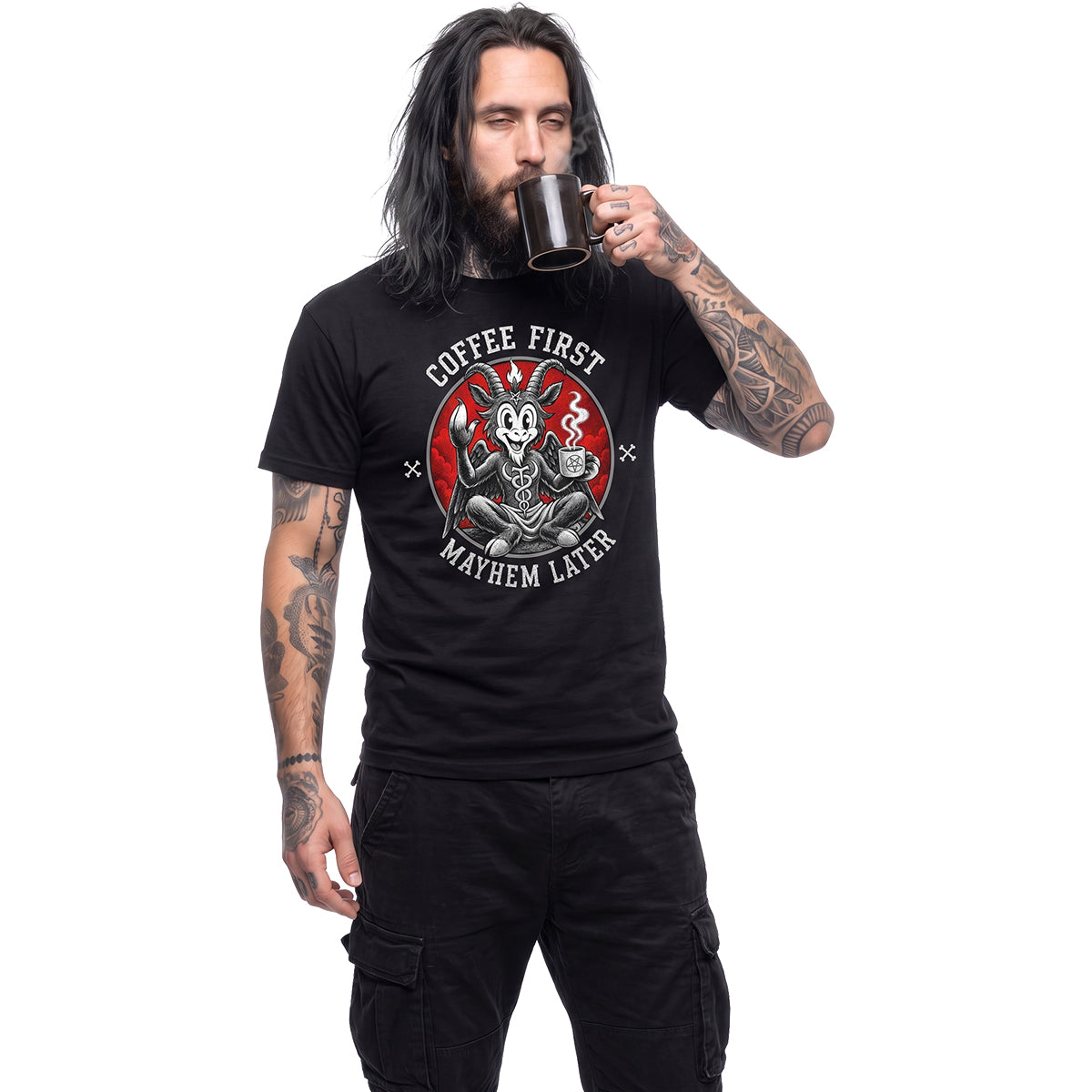 COFFEE AND MAYHEM - T-shirt noir avec imprimé sur le devant