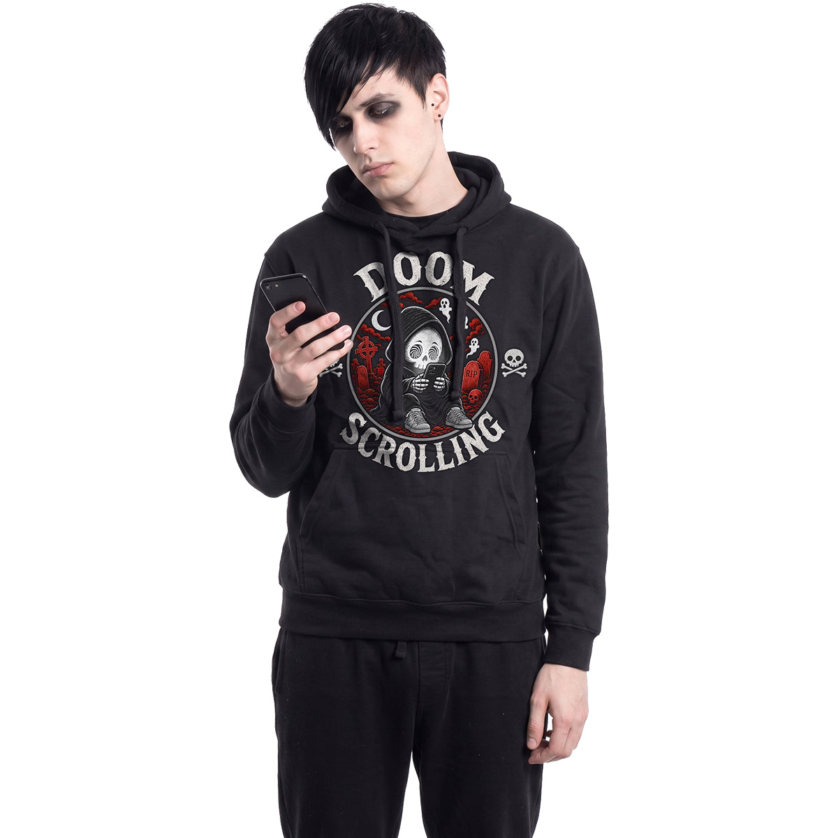 DOOM SCROLLING - Sweat à capuche noir (uniquement sur le devant)