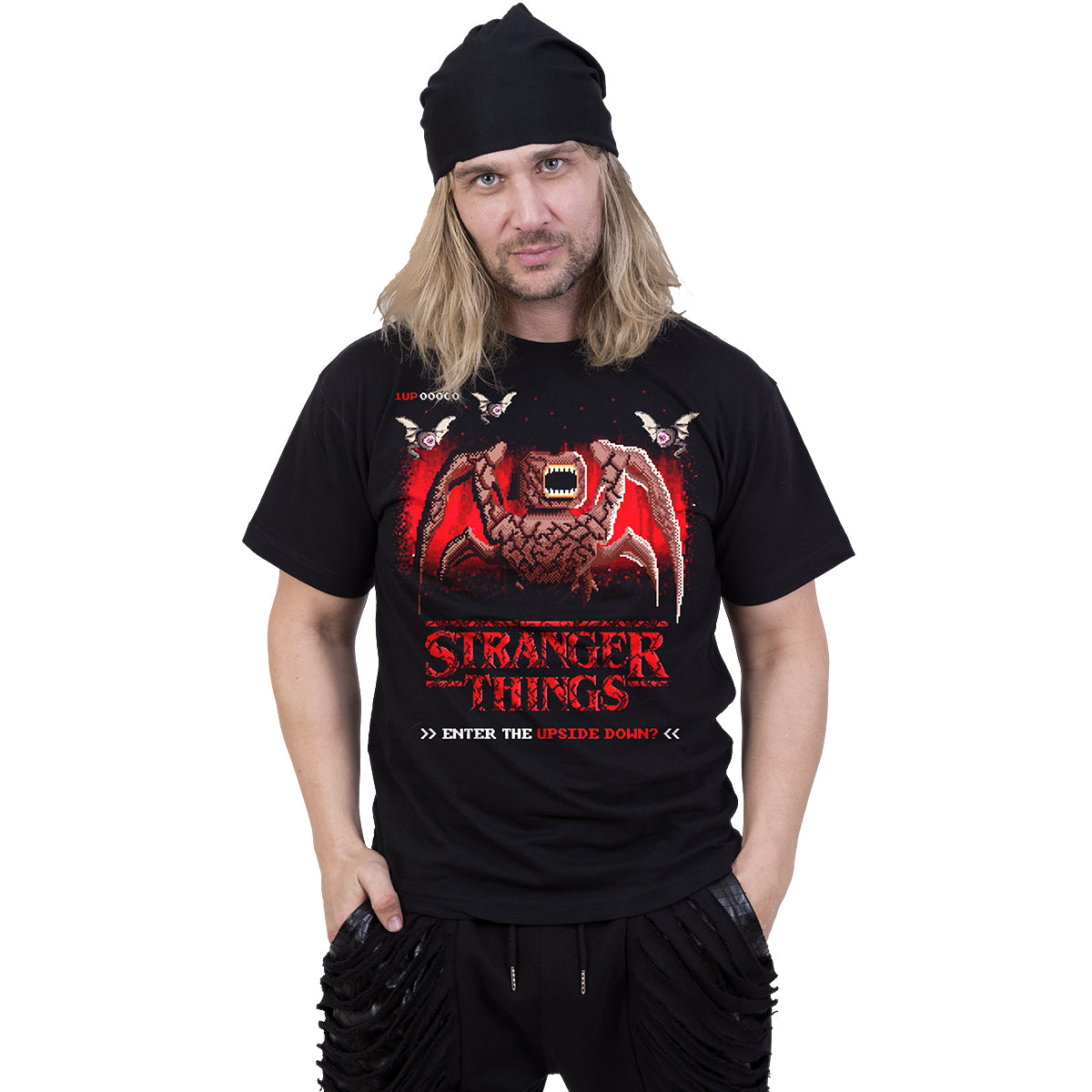 STRANGER THINGS - 8 BIT UPSIDE DOWN - T-shirt imprimé sur le devant noir
