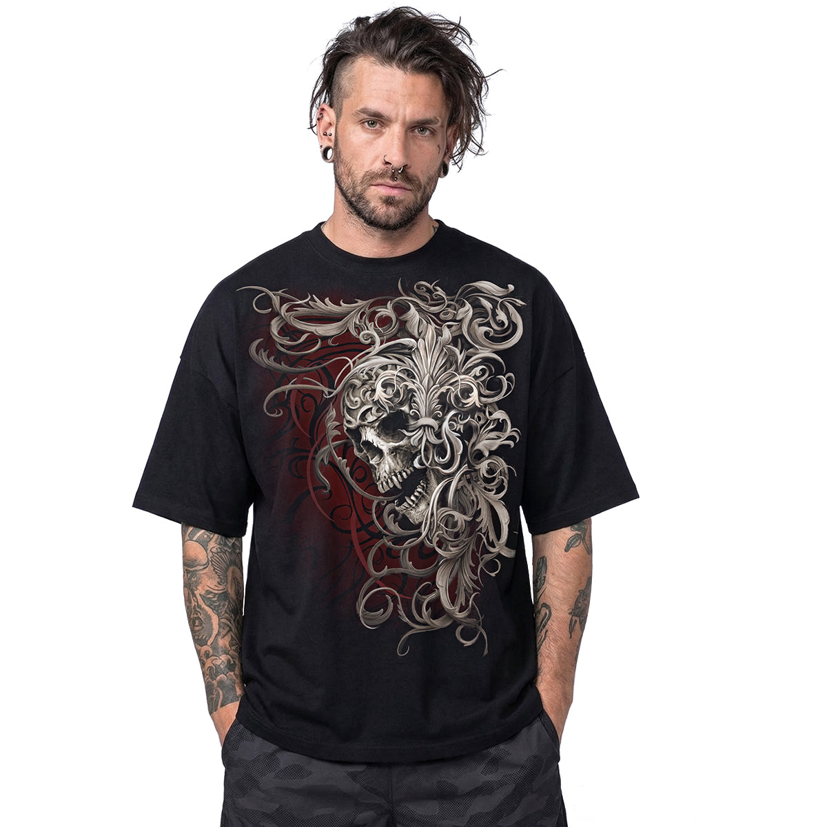 SKULL SHOULDER WRAP - Oversized Box T-Shirt Black