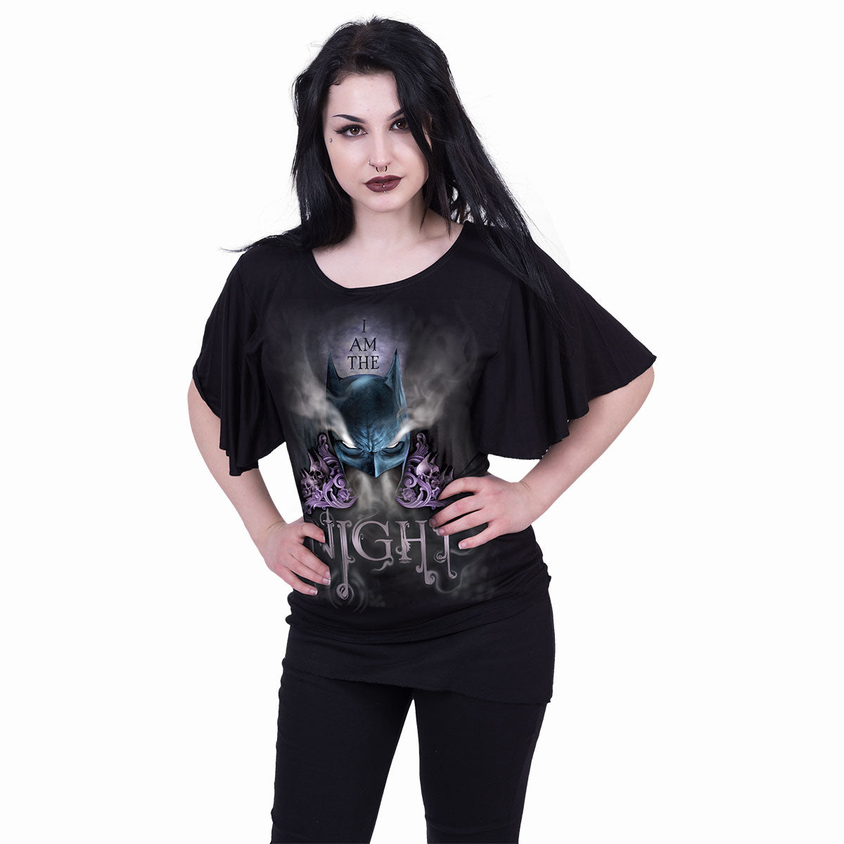 BATMAN - I AM THE NIGHT - Top à col bateau et manches de chauve-souris noir