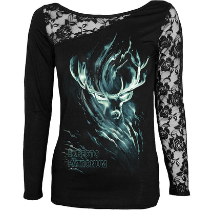 HARRY POTTER - PATRONUS STAG - Lace One Shoulder Top Black