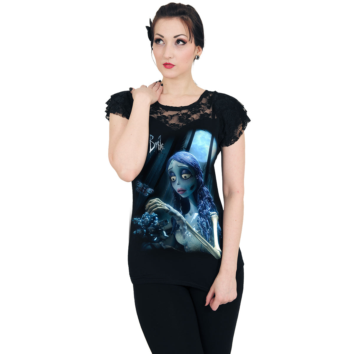 CORPSE BRIDE - GLOW IN THE DARK - Lace Layered Cap Sleeve Top Black