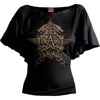 WOODLAND KING - Boat Neck Bat Sleeve Top Black