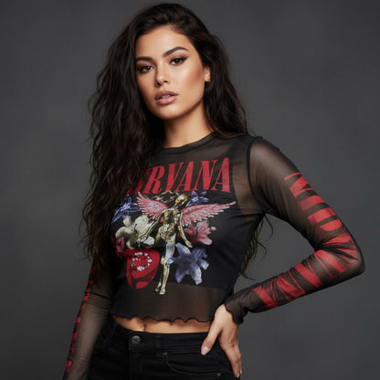 NIRVANA - IN UTERO VINTAGE COLLAGE - Ladies Long Sleeve Crop Top Black