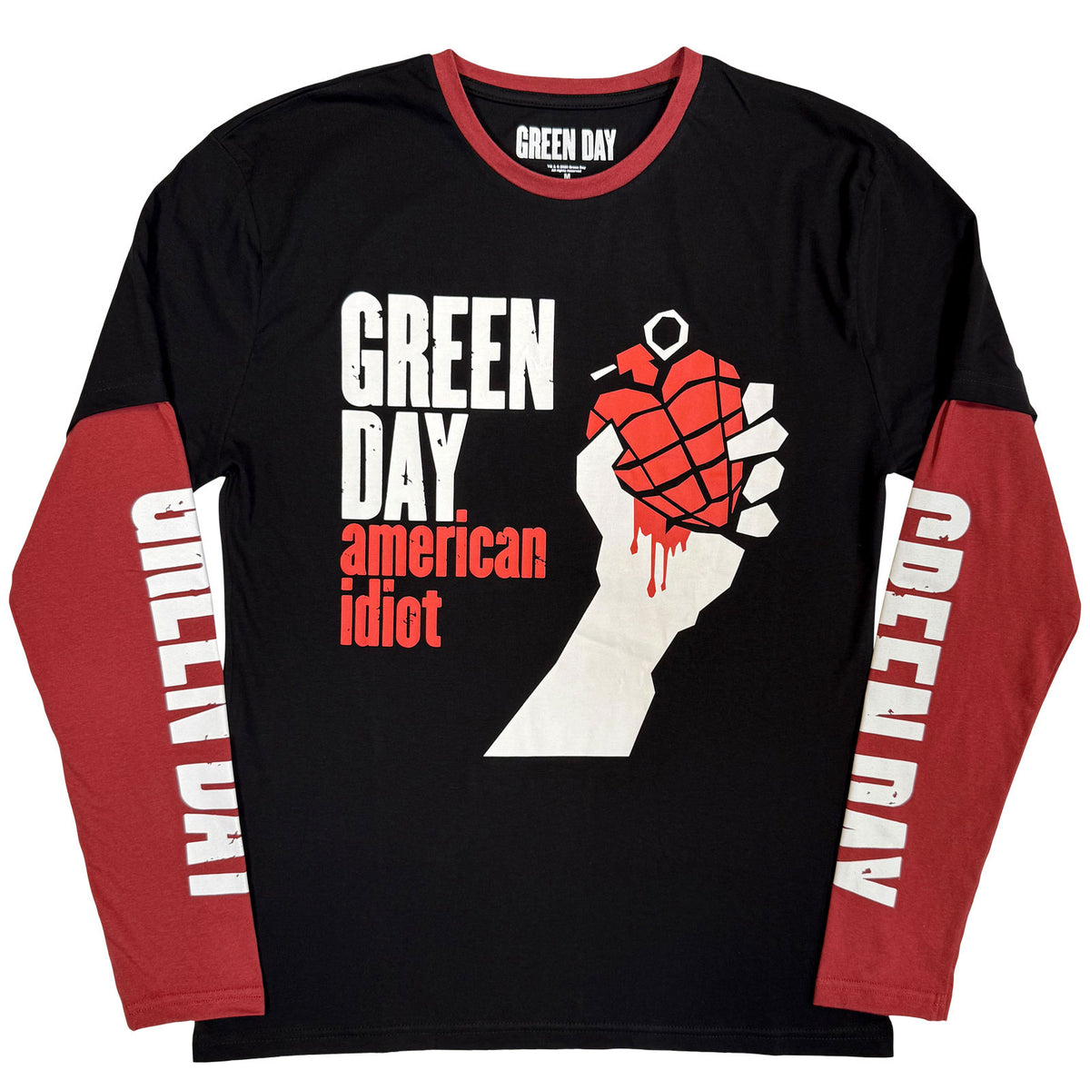 GREEN DAY - AMERICAN IDIOT - Layered Long Sleeve T-Shirt Black, Red (Sleeve Print)
