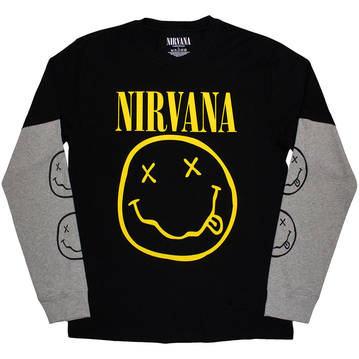 NIRVANA - YELLOW HAPPY FACE - Layered Long Sleeve T-Shirt Black, Grey (Sleeve Print)