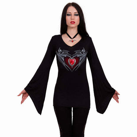 BAT'S HEART - Top à col en V et à manches gothiques noir