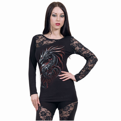 DRAGON SHARDS - Top asymétrique en dentelle noir