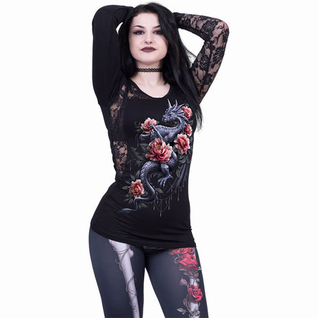 DRAGON ROSE SLANT - Top asymétrique en dentelle noir